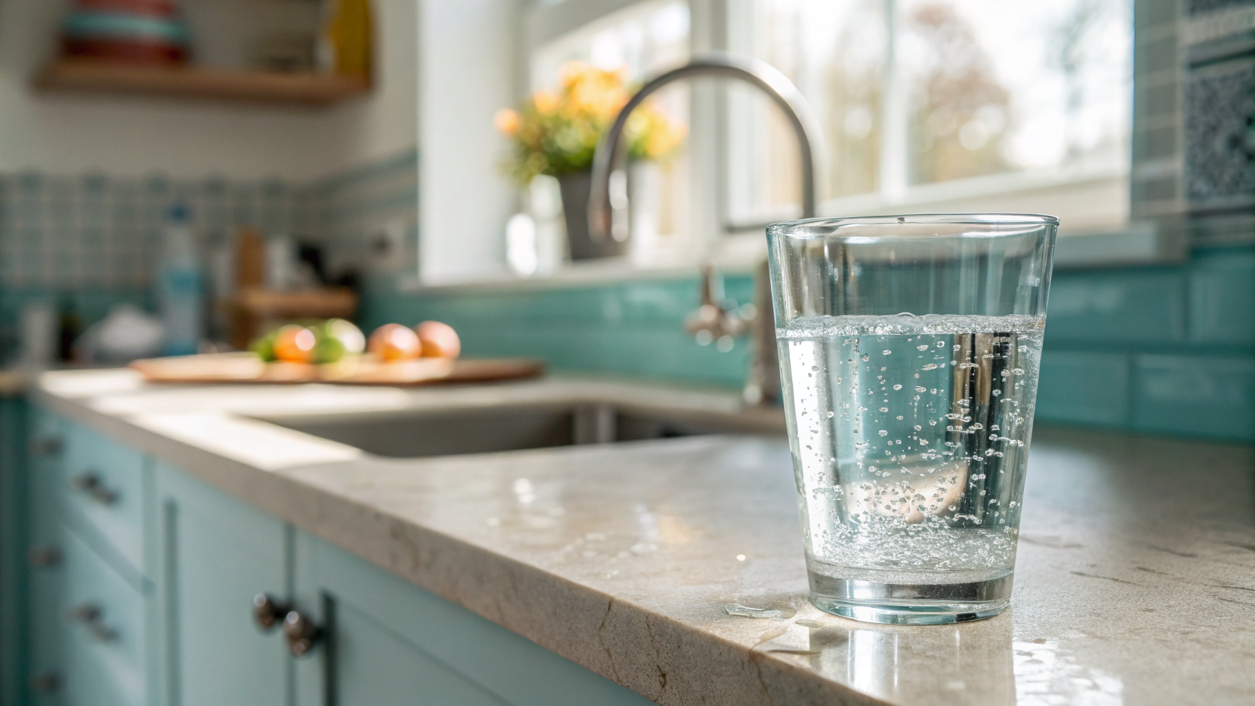 A clean glass of clear water on a bright kitchen worktop